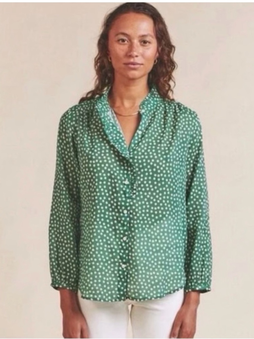 Trovata Birds of Paradis Clara Green Polka Dot Button-Up Blouse Lightweight